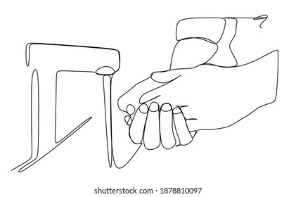 Cleaning hand using soap at sink to prevent virus infection. Continuous one line drawing