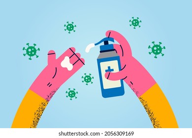 Cleaning hands with sanitizer concept. Human hands applying cream liquid sanitizer for protection against bacterias during pandemic times vector illustration