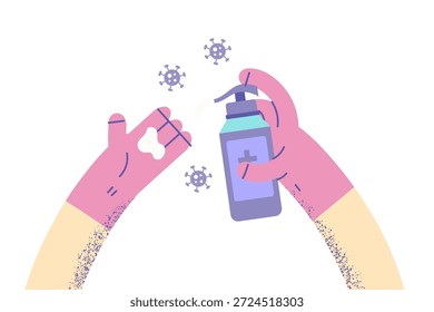 Limpieza de manos con concepto de desinfectante. Manos humanas que aplican el desinfectante líquido de la crema para la protección contra las bacterias durante la Ilustración vectorial de los tiempos de pandemia