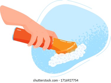Cleaning hands stop covid, virus washing domestic tools. Disinfection equipment, sanitation isolated on white human hands cleaner service, housework set. Hygiene cleanup chores vector illustration.