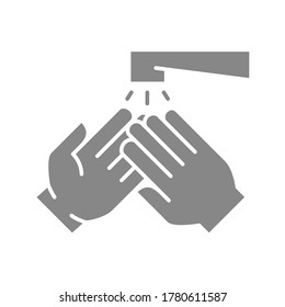 Cleaning hands with water grey icon. Washing and disinfection, hygiene symbol.