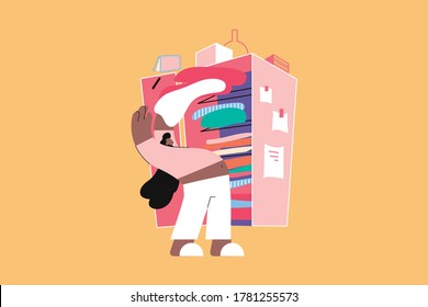 Cleaning, hobby, recreation, work, preparetion concept. Young woman girl teenager throwing clothes dresses thirts out of closet at home preparing for date. Domestic chores or cleanup illustration.
