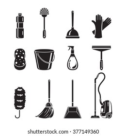 Cleaning, Home Appliances Icons Set, Monochrome, Housework, Domestic Tools, Spring Season