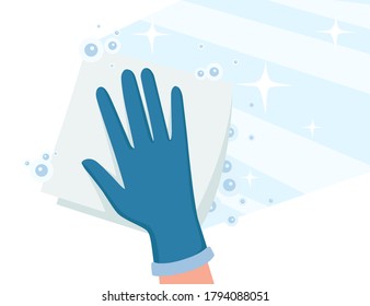 Cleaning home microfiber rag wipe on floor with chemical water and bubbles flat vector illustration on white background