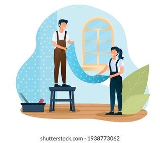 Cleaning home repair service workers with roller for wallpapering. Flat abstract outline cartoon vector illustration concept design. Simple art isolated on white background House renovation