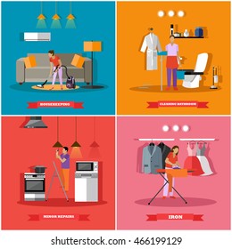Cleaning and home service concept vector illustration. People cleaning house, ironing clothes and change light bulbs.