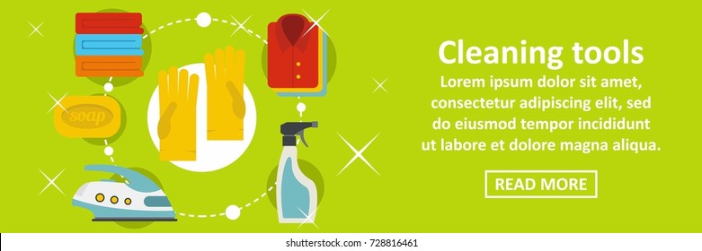 Cleaning home tools banner horizontal concept. Flat illustration of cleaning home tools banner horizontal vector concept for web design