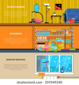 Cleaning horizontal banners set with house cleaning and window washing symbols flat isolated vector illustration 