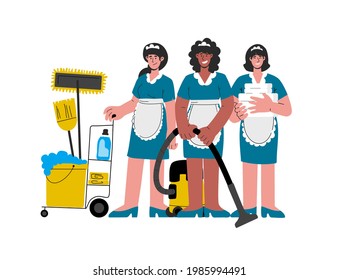 Limpieza en el concepto de hotel.Sirenas de hotel caucásicas, afroamericanas uniformadas con aspiradora, empujando carrito de carritos con suministros de limpieza, ropa de cama limpia para la habitación.Ilustración vectorial.