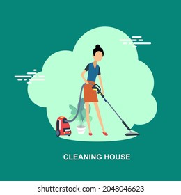 Cleaning house with beautiful girl using vacuum cleaner and removing dust from floor flat concept design