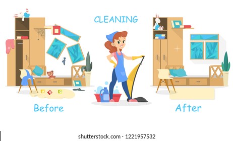 Cleaning the house concept. Before and after view on the room. Woman with vacuum cleaner. Isolated vector illustration in cartoon style