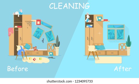 Cleaning the house concept. Before and after view on the room. Isolated vector illustration in cartoon style