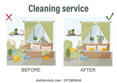 Cleaning the house concept. Before and after view on the room. Template for cleaning services. Isolated vector illustration in cartoon style
