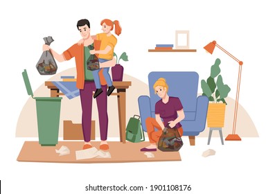 Cleaning House, Family Gathers And Throws Away Garbage, Father Mother And Daughter Tidy Up Room. Vector Dad With Little Girl On Hands Throw Wastes In Dust Bin. Mom With Packet Gather Papers From Floor