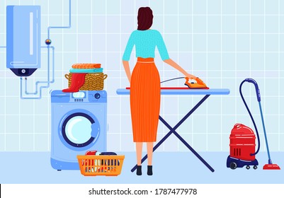 Ilustración vectorial plana de la casa de limpieza. Caricatura de una ama de casa trabajadora, dama planchando ropa en una tabla de planchar, tareas domésticas, tareas domésticas de mantenimiento de la casa antecedentes de servicio
