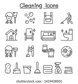 Cleaning house & Hygiene icon set in thin line style