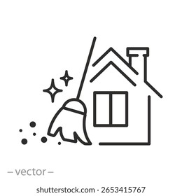 ícone da casa de limpeza, vassoura e poeira, serviço sanitário doméstico, casa limpa, resultado brilhante, símbolo de linha fina no fundo branco - ilustração vetorial de traço editável