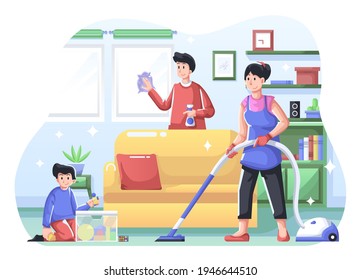 Cleaning House Illustration, Mother and Father Spend Time together by Cleaning the House. This illustration can be used for website, landing page, web, app, and banner.