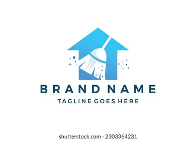Cleaning house logo design with broom sweeper vector template