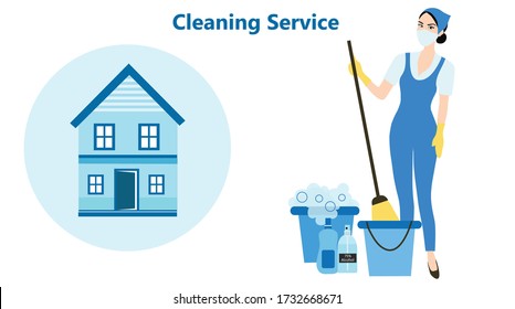 Cleaning house service concept, housekeeping holding hygiene cleaning products to clean house from disease outbreak vector illustration