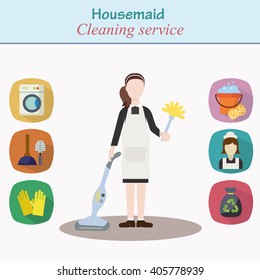 Cleaning house service - young women character, ready to house work with different housekeeping icons in modern flat style.