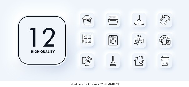 Limpiando el icono del conjunto de la casa. Lavavajillas, pintura, mopa, esponja, guantes, lavadora, esterilidad, basurero. Concepto de pureza. Estilo neomorfista. Icono de línea de vector para negocios y publicidad
