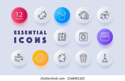 Limpiando el icono del conjunto de la casa. Rag, esponja, cubo de pintura, ventana, pulido, lavadora, lavavajillas, grifo, papelera. Concepto de pureza. Estilo neomorfista. Icono de línea de vector para empresas