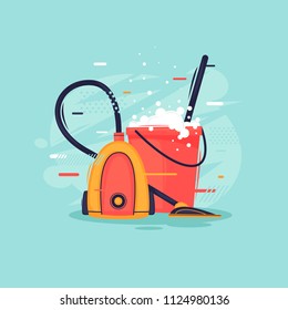 Cleaning in the house, vacuum cleaner and bucket with detergent. Flat design vector illustration.