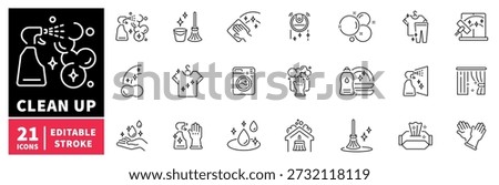 Cleaning and household editable line icons set. tidy and sanitize graphics