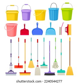 Cleaning Household Equipment with Bucket, Broom, Mop and Dustpan Big Vector Set
