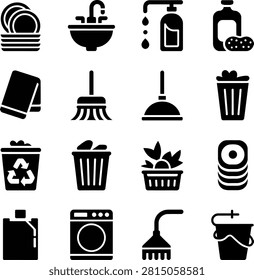 Cleaning and household maintenance icons featuring tools and supplies for home organization and upkeep