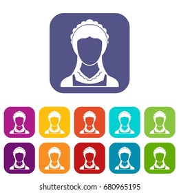 Cleaning household service maid icons set vector illustration in flat style in colors red, blue, green, and other
