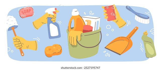 Cleaning household supplies for housekeeping. Hands in gloves hold sponge, washing detergent bottle, bucket, brush, soap equipment icons set. Cleaners for home cleanup flat vector illustration