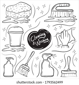 Cleaning and Housekeeping Hand Drawn Doodle Icons set, simple and trendy Sketching element Vector illustration