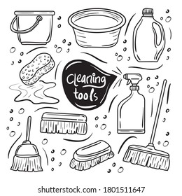 Cleaning and Housekeeping Hand Drawn Doodle Icons set, simple and trendy Sketching element Vector illustration
