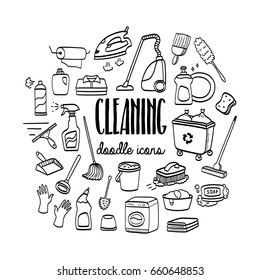 Cleaning and housekeeping hand drawn doodle icons set. Cleaning services.