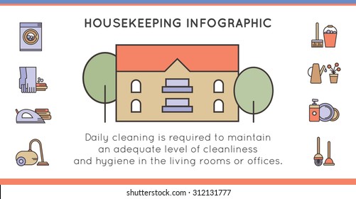 Cleaning and housekeeping infographic and vector icons in flat design. House care symbols