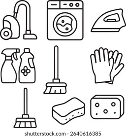Cleaning and Housekeeping Line Icons Set – Scalable Stroke Home Maintenance Symbols

