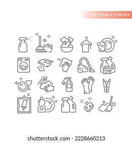 Cleaning, housekeeping line vector icon set. Bucket, mop, washing and laundry outlined icons.