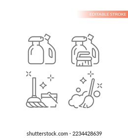 Limpieza, línea de limpieza conjunto de iconos vectoriales. Iconos delineados de cubo, mop, escoba de polvo.