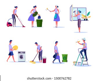 Cleaning and housekeeping set. Woman removing trash, washing window, man moping floor. People concept. Vector illustration for topics like household, service, clean-up