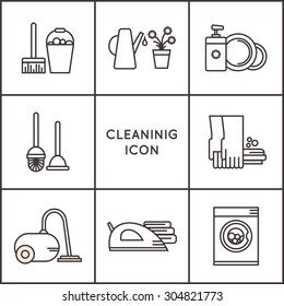 Cleaning and housekeeping vector icons set in flat design. House care symbols