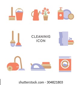 Cleaning and housekeeping vector icons set in flat design. House care symbols