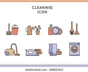Cleaning and housekeeping vector icons set in flat design. House care symbols