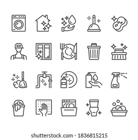 Cleaning housekeeping washing line icon isolated set. Vector flat graphic design