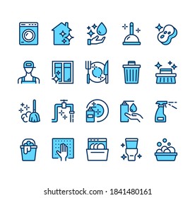 Cleaning Housekeeping Washing Line Icon Isolated Set. Vector Flat Graphic Design