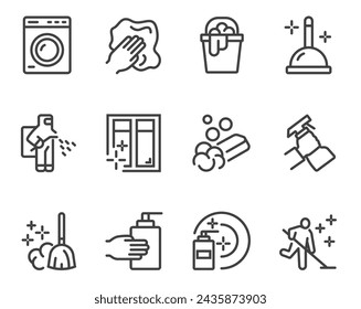 Cleaning housekeeping washing line icon isolated set. Vector flat graphic design