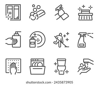 Cleaning housekeeping washing line icon isolated set. Vector flat graphic design
