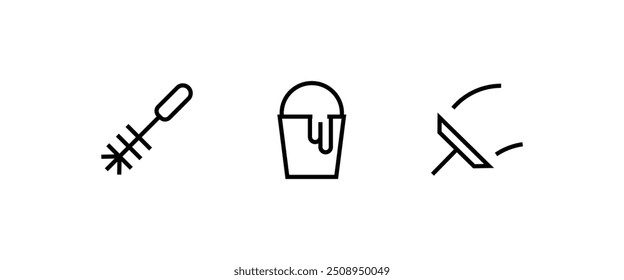 Cleaning housekeeping washing, wash, dust, cloth, maid, drop, liquid, service, window, brush, tool, dirty line and flat icons set, editable stroke isolated on white, linear vector outline illustration