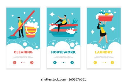 Cleaning housekeeping work laundry washing dishes sanitary hygiene maintain 3 web flat vertical banners isolated vector illustration  